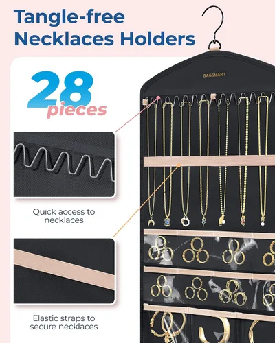 Vista 3 de BAGSMART Organizador de Joyas Colgante con Ganchos de Metal con Percha, Soporte de Joyería de Doble Cara para Organizar Aretes, Collares, Anillos