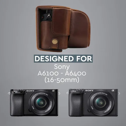 Vista 5 de MegaGear MG1652 Ever Ready Funda de cuero para cámara Compatible con Sony Alpha A6100, A6400 (16-50mm) - Marrón
