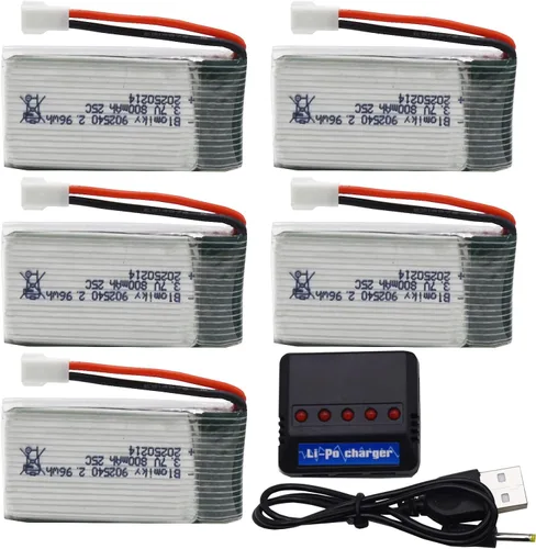 Vista 4 de Blomiky Paquete de 5 baterías Li-PO 25C MX2.0 de 3.7 V 800 mAh y caja de tablero 4 en 1 para Syma X5SW X5C-1 X5 X5C X5SC H42 T5W H5C CW4 SS40 FQ36