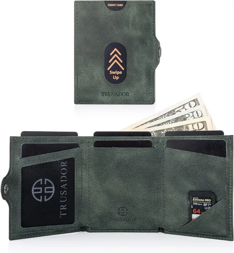 Vista 3 de TRUSADOR Valencia Cartera de piel unisex pequeña compacta bolsillo frontal RFID con bolsillo monedero, Verde, Con bolsillo para monedas