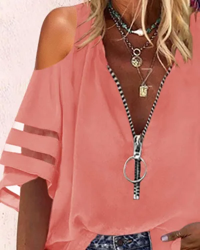 Vista 3 de Cnkwei Womens Cold Shoulder V-Neck Blouses Zip Up Mesh Panel Loose Casual Shirts