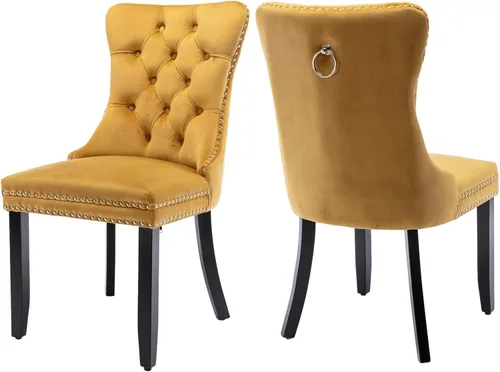 Vista 76 de Juego de 2 sillas de comedor de terciopelo, silla de comedor tapizada de alta gama con tirador de anillo en la espalda, adorno de clavos y patas