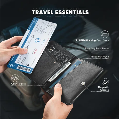 Vista 3 de VULKIT Soporte para pasaporte, cierre magnético, bloqueo RFID, cartera de viaje, funda para libro de pasaporte, soporte para tarjeta de embarque