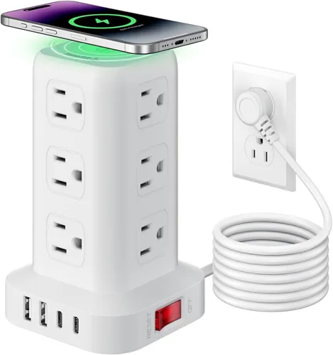 Vista 15 de SMALLRT - Cable de extensión con múltiples tomas, torre de regleta de alimentación con protector de sobretensiones, extensor de salida con 12