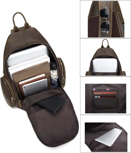 Vista 6 de Bolsa de cuero genuino de grano completo, se adapta a portátil de 14 pulgadas, pecho de viaje cruzado bandolera bandolera mochila bolsa de día 17L