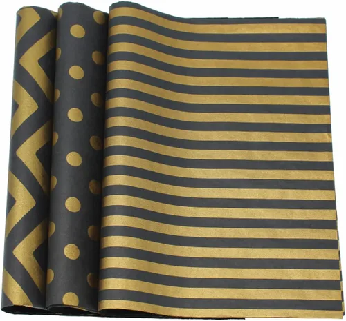 Vista 3 de PMLAND Papel de seda de alta calidad para envolver regalos, color negro metálico dorado con rayas zigzag, 20 x 14 pulgadas, 60 hojas