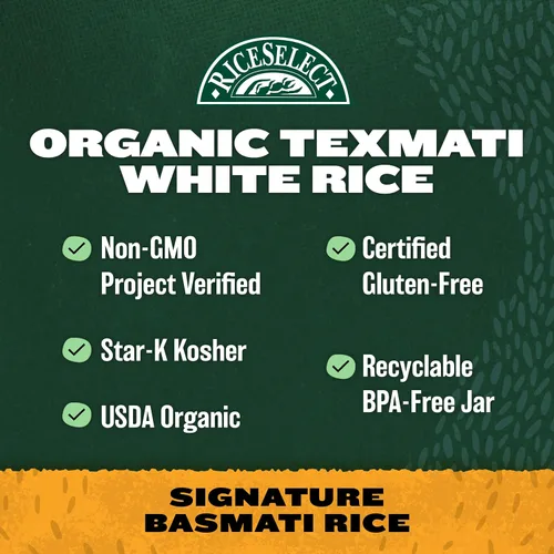 Vista 4 de RiceSelect arroz orgánico texmati basmati blanco, arroz premium sin OMG sin gluten de grano largo blanco, frasco de 32 onzas