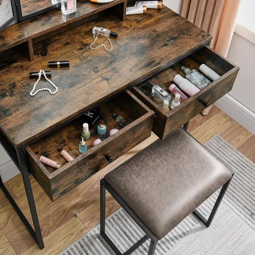 Vista 5 de Juego de mesa de tocador con taburete tapizado, escritorio con 2 cajones, maquillaje