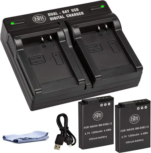 Vista 2 de BM - 2 baterías EN-EL12 y cargador dual para Nikon Coolpix A1000 B600 W300 A900 AW100 AW110 AW120 AW130 S6300 S8100 S8200 S9050 S9200 9300 S9400