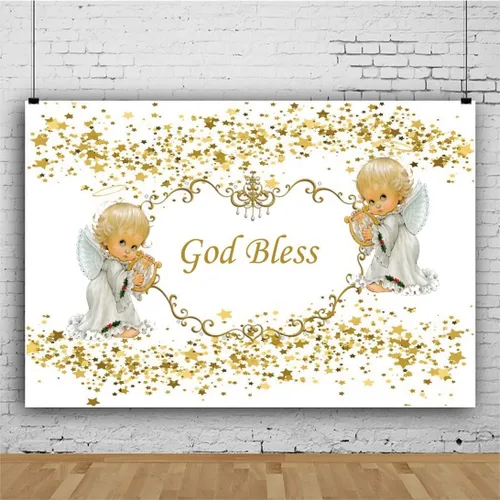 Vista 2 de Telón de fondo de 5 x 3 pies con texto en inglés "God Bless First Holy Comunion Bautismo" Bautizo Fondo Ángel Baby Lentejuelas Doradas Estrella
