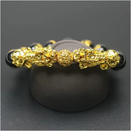 Vista 3 de Pulseras para hombre, pulsera de riqueza, pulsera de Feng Shui Pi Xiu, cuentas de piedra, obsidiana negra, para hombres y mujeres, pulsera