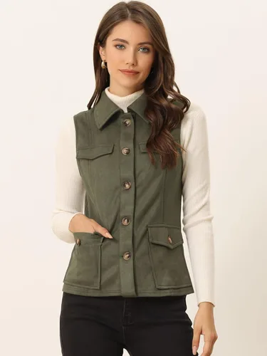 Vista 2 de Allegra K Chaleco de Gamuza Sintética Utilitario para Mujer con Botones sin Mangas con Bolsillo Cargo Verde militar