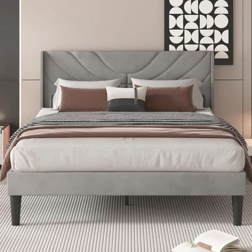 Vista 18 de VECELO Marco de Cama Tamaño Twin Plataforma Tapizada con Cabecera de Tela Ondulada/Soporte de Listones de Madera/No Necesita Somier/Base de Colchón