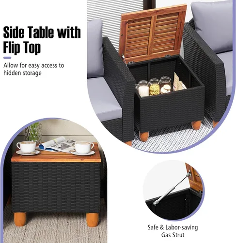 Vista 4 de COSTWAY Juego de muebles de ratán de 3 piezas, juego de sillas de mimbre para exteriores con mesa de centro de madera de acacia y cojín lavable