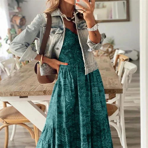 Vista 3 de Vestidos de verano para mujer, cuello en V, volantes, escalonados, vestido largo con volantes, estampado floral, vestido casual