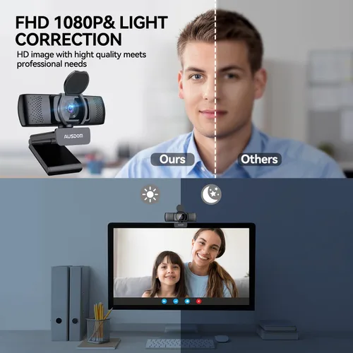 Vista 2 de AUSDOM Cámara web AF640 1080P con micrófono, cámara de PC USB 90 ° FOV con cubierta de privacidad, cámara de computadora Plug and Play para llamadas