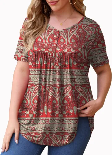 Vista 2 de U.Vomade - Blusas de verano con cuello en V, botones, plisadas, acampanadas y de talla extragrande para mujer, talla M - 4X