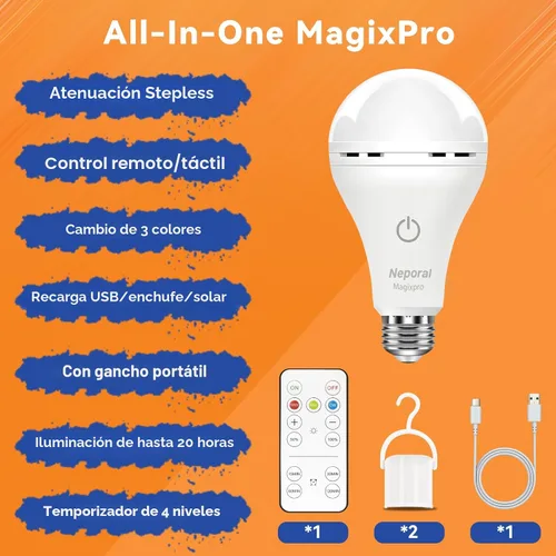 Vista 7 de Bombillas LED Recargables con Control Remoto MagixPro, Carga USB y Enchufe, Batería de 1800mAh, Bombilla LED Regulable para Lámparas Cableadas y No
