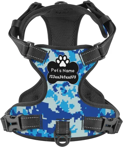 Vista 17 de Arnés personalizado para perro sin tirones, chaleco personalizado con bandera estadounidense para perro con número de teléfono y nombre de mascota