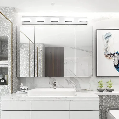 Vista 5 de Aipsun Moderna lámpara de tocador de baño cromada LED para baño, acero inoxidable, 5 luces, iluminación de pared de baño, 6000 K