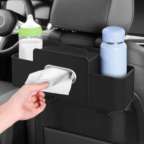 Vista 5 de Organizador de asiento trasero de automóvil con 1 paquete de 80 pañuelos, caja de pañuelos para el respaldo del asiento del automóvil y gancho