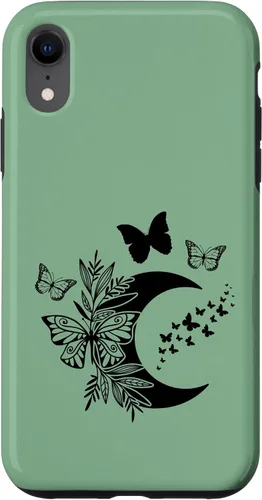 Vista 8 de Funda de bruja Wicca Wicca para iPhone 15, diseño de luna y mariposa, color verde salvia