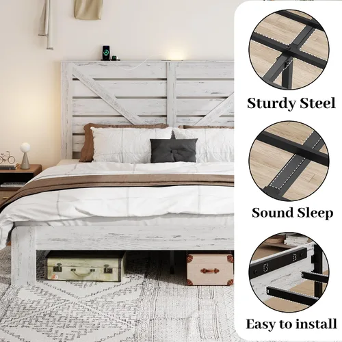 Vista 6 de Base de cama de tamaño matrimonial con cabecero, plataforma de estilo granja con luces LED, carga USB, sin somier, fácil montaje, marco de cama