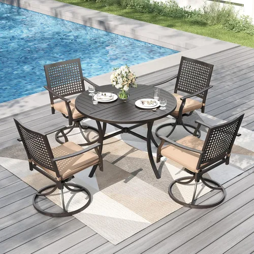 Vista 26 de PHI VILLA Juego de comedor al aire libre de 5 piezas para 4, sillas apilables con cojines y mesa cuadrada de madera de 37 pulgadas con agujero