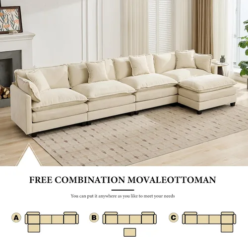 Vista 104 de Sofá seccional modular verde de 111.5", sofás seccionales grandes de 3 plazas para sala de estar, sofá nube oversized de tela chenille con otomana
