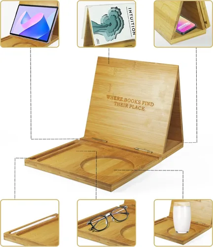Vista 3 de ZenRich Soporte de madera de bambú para libros, valet de lectura único de rincón de libros con taza, gafas y soporte para bolígrafo/tableta/Kindle.