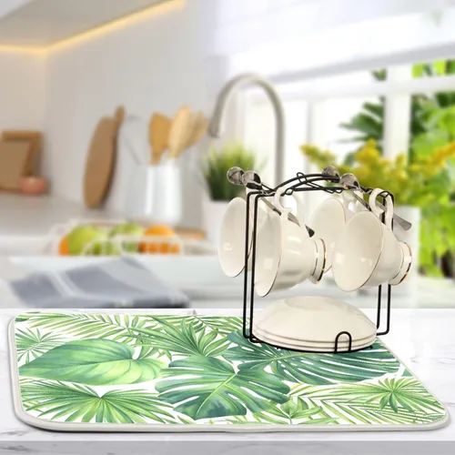 Vista 5 de Tapete de secado de platos con hojas de palma tropical para encimera de cocina, hoja verde de Monstera absorbente de microfibra, almohadilla