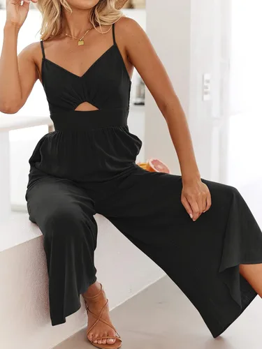 Vista 4 de ANRABESS - Mono de verano con recorte, tirantes delgados para mujer, cuello en V, cintura alta, fruncida, pierna ancha, con bolsillos