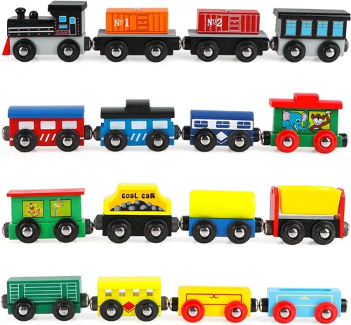 Vista 10 de Wondertoys Juego de 12 trenes magnéticos de madera, incluye 3 motores y bolsa de almacenamiento, juego de tren de madera para niños pequeños