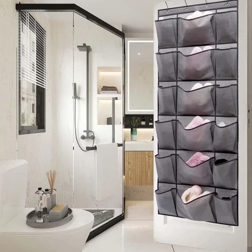 Vista 3 de Organizador de zapatos para colgar sobre la puerta con 6 bolsillos de tela extra grandes y 12 grandes para almacenamiento en el hogar (gris)