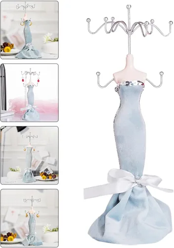 Vista 9 de BESPORTBLE Jewelry Display Rack for Earrings and Necklaces Iron Art Jewelry Organizer Stand with Light Blue Mannequin for Craft Shows and Retail Sale