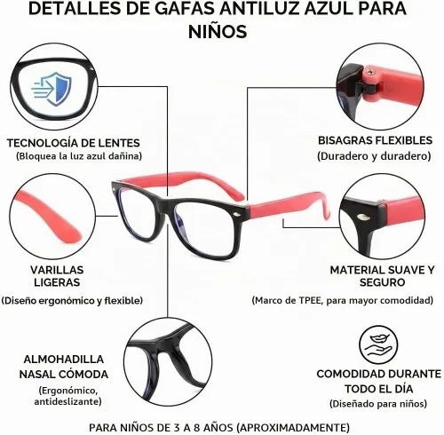 Vista 3 de Lentes rectangulares digitales con bloqueo de luz azul para niños y niñas de 5 a 12 años Negro