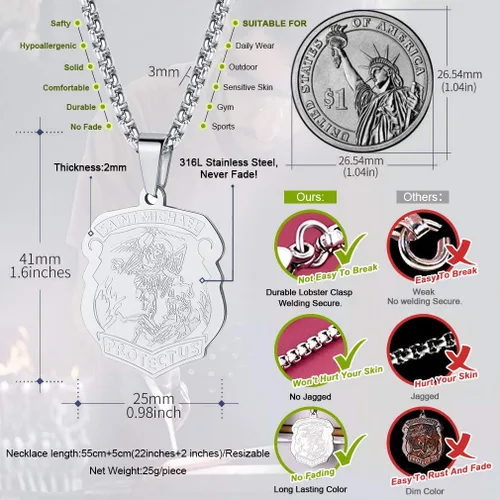 Vista 4 de FaithHeart - Collar de San Miguel, dije personalizado de protección del arcángel, para hombres y mujeres, acero inoxidablechapado en oro Medalla