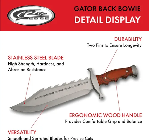 Vista 2 de SZCO Full Tang Gator - Cuchillo para desollar la espalda de 15 pulgadas, cuchillo de campamento con mango de madera y hoja de acero inoxidable