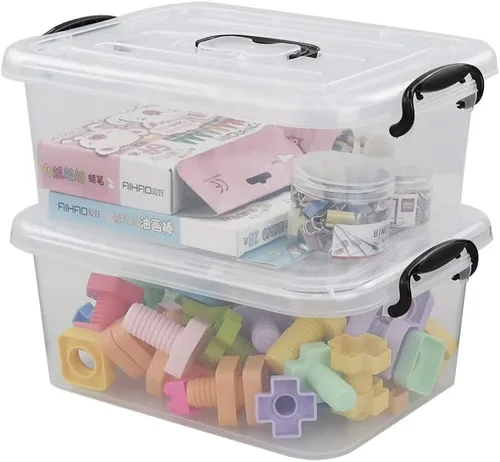Vista 10 de Paquete de 4 cajas de almacenamiento de plástico de 10 L, caja de almacenamiento transparente con tapa Secure Side Buckle Latches, Dustproof Lid