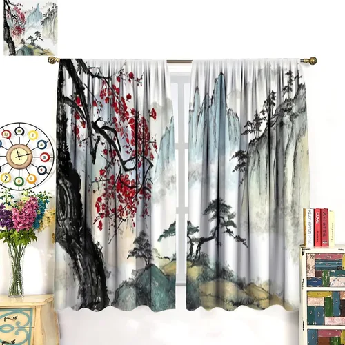 Vista 2 de Cortina japonesa con diseño de cerezo en flor, montañas, río, nubes, pinos, paisaje, naturaleza, asiático, anime, oscurecimiento de habitación
