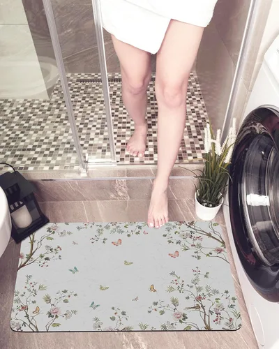 Vista 5 de Tapete de baño con diseño de árbol de flores, antideslizante, de secado rápido y absorbente, tierra de diatomeas, cocina, ducha, fregadero, lavable