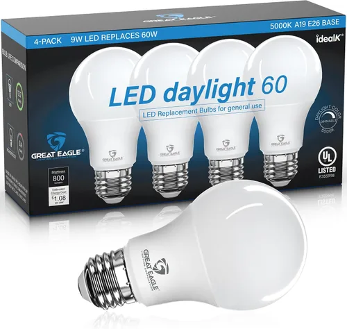 Vista 11 de Great Eagle - Bombilla LED A19, 9 W (equivalente a 60 W), certificación UL, blanco cálido 2700 K, regulable, repuesto estándar (paquete de 4)