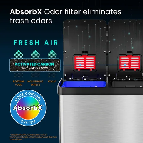 Vista 4 de iTouchless SoftStep Bote con cubos de basura y de reciclaje, 16 gal., sistema doble de control de olor, acero inoxidable, 2 cubos extraíbles