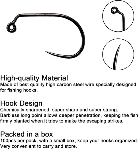 Vista 4 de Paquete de 100 anzuelos de pesca con mosca Eupheng con micro estrías, acero al carbono alto bronce forjado para moscas secas, ninfas curvas EP