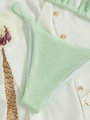 Vista 4 de MakeMeChic Conjunto de bikini de 2 piezas con cuello halter y triángulo para mujer, corte alto, traje de baño