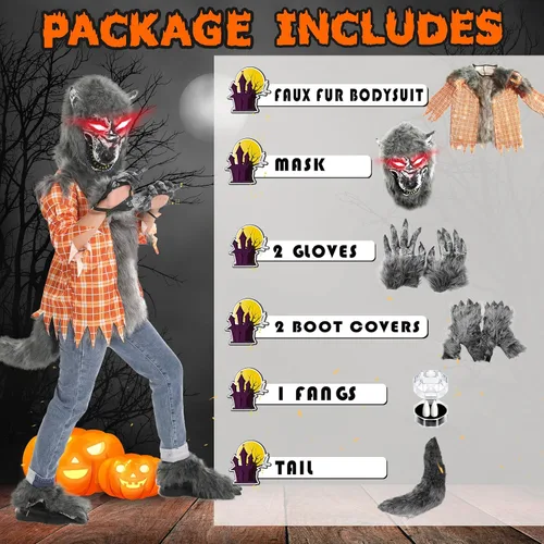 Vista 2 de Nalmits Disfraz de hombre lobo de Halloween para niños, trajes de lobo aullador de lujo con máscara de ojos rojos iluminados, guantes, zapatos