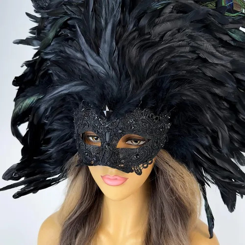 Vista 3 de Máscara veneciana de mascarada, máscara barroca de plumas Mardi Gras, máscara de plumas de carnaval Burlesque