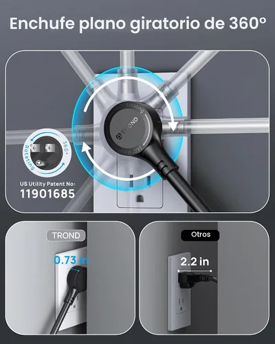 Vista 2 de TROND - Alargador de corriente con enchufe plano giratorio 360°, protector contra sobretensiones, 13 tomas amplias con 3 puertos USB C, 4000 J