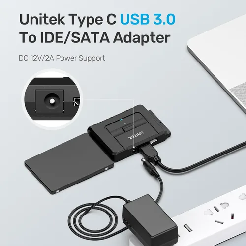 Vista 5 de Kit de adaptador de disco duro externo conversor de Unitek USB C a IDE y SATA para discos duros/SSD de 2.5/3.5 pulgadas universales, función