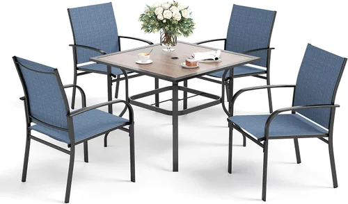 Vista 7 de SUNSHINE VALLEY Juego de comedor de patio para 4, mesa de metal de 37 pulgadas y sillas azules